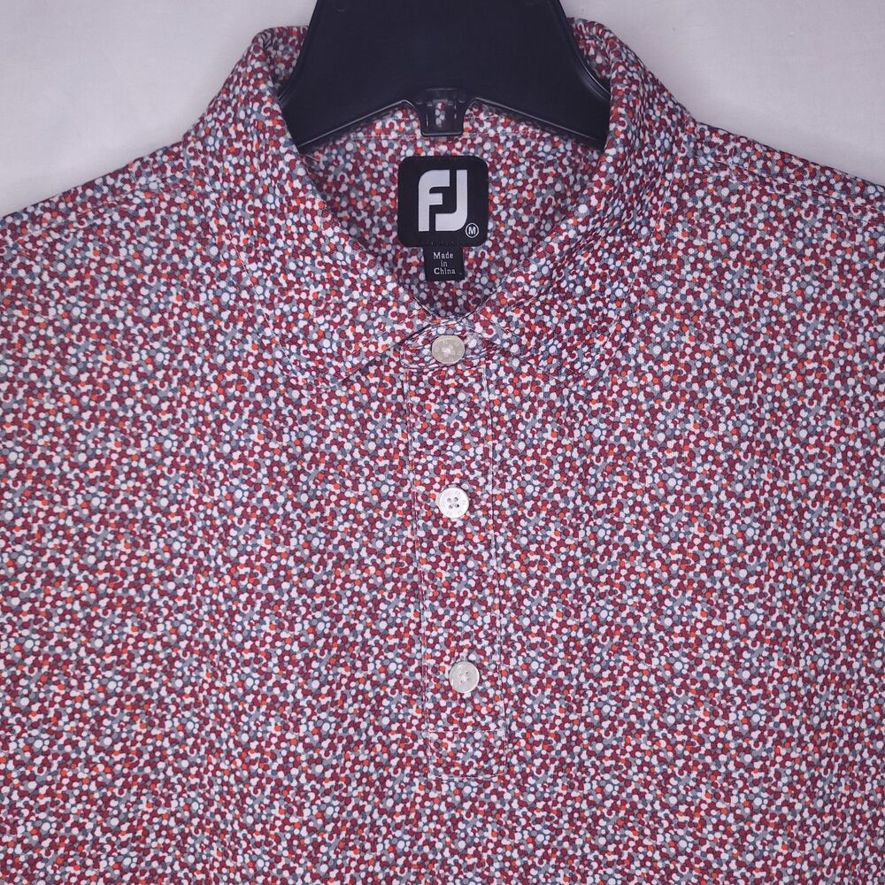 Footjoy Polo Shirt Mens Medium Polka Dot Red, Gray Short Sleeve Performance